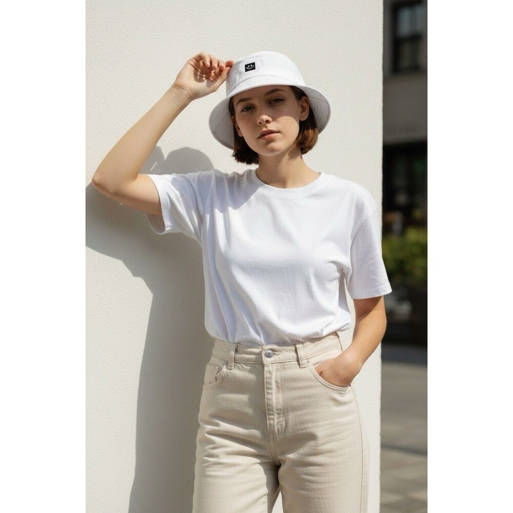 Bucket Hat White  One Size Fits All Cotton Unisex  Smiley Face  patch in rubber